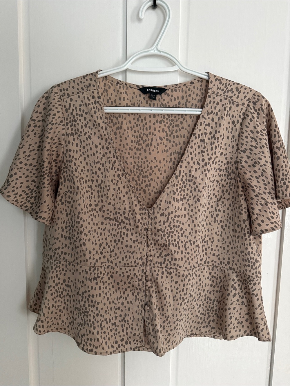 Express Taupe and Dark Brown Leopard-Print V-Neck Peplum Top